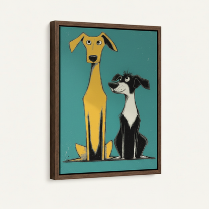 Retro mid-century dog art in dark walnut float frame white background product photo