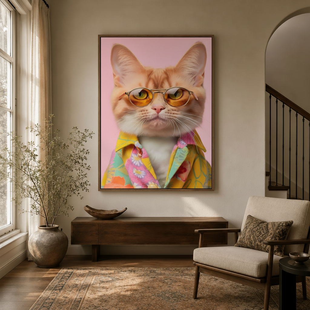 Cool tabby cat sunglasses canvas print displayed in bright entryway foyer with arched doorway