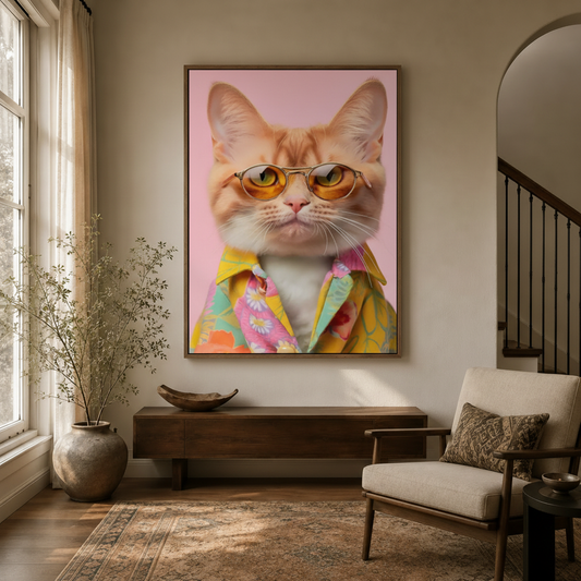 Cool tabby cat sunglasses canvas print displayed in bright entryway foyer with arched doorway