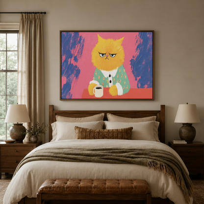 Funny grumpy cat canvas above bed headboard in cozy bedroom with warm neutral bedding and walnut nightstands