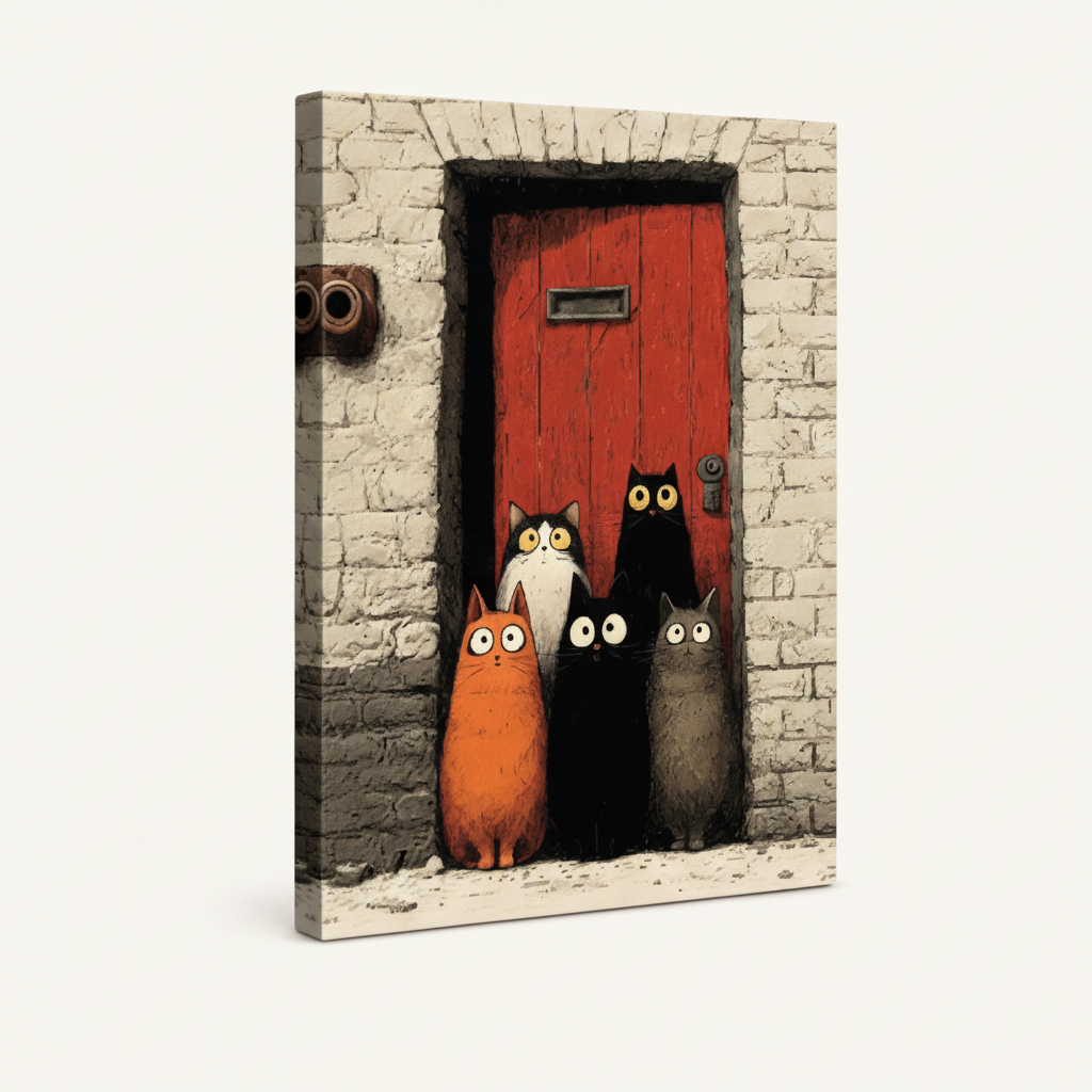 Gallery-wrapped canvas of five wide-eyed cats at rustic red door shown at angle on white background