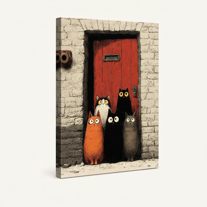 Gallery-wrapped canvas of five wide-eyed cats at rustic red door shown at angle on white background
