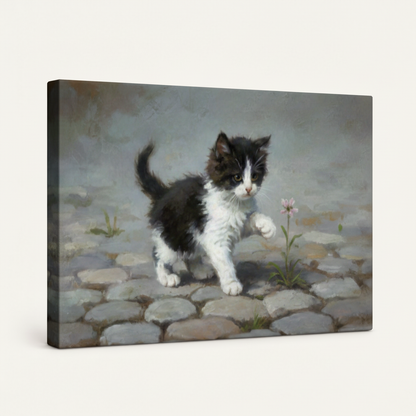 Gallery-wrapped kitten and flower canvas at 3/4 angle showing dark wrapped edges on clean off-white background