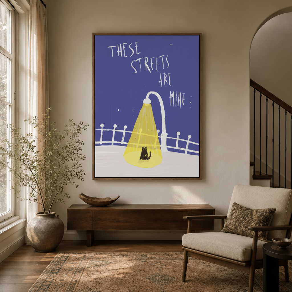 Black cat night city pop art canvas in float frame above dark walnut entryway credenza, bold graphic style