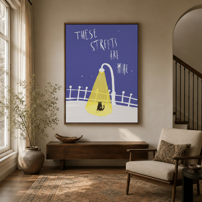 Black cat night city pop art canvas in float frame above dark walnut entryway credenza, bold graphic style