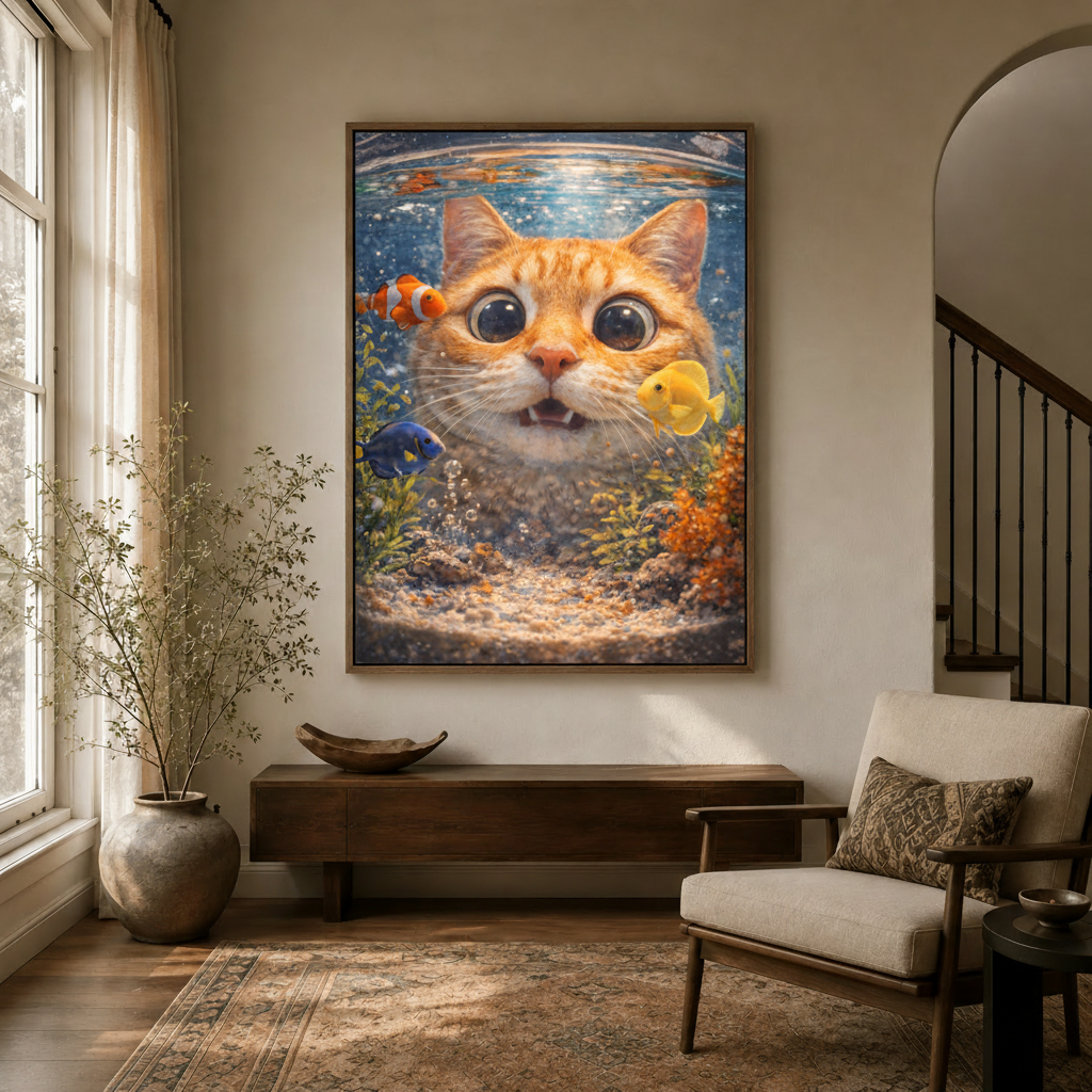Realistic cat fishbowl wall art styled in an elegant entryway with arched doorway and warm lighting