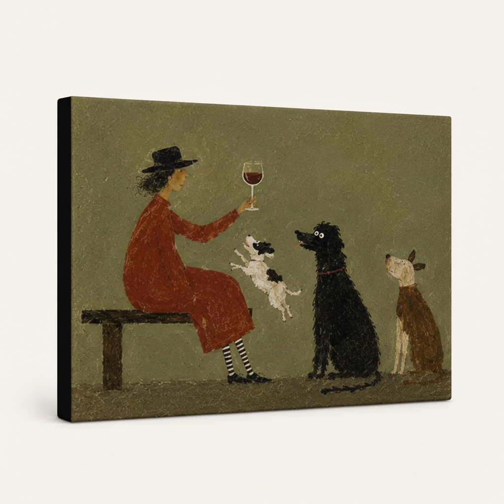 Gallery-wrapped woman and dogs folk art canvas side-angle product view on white background