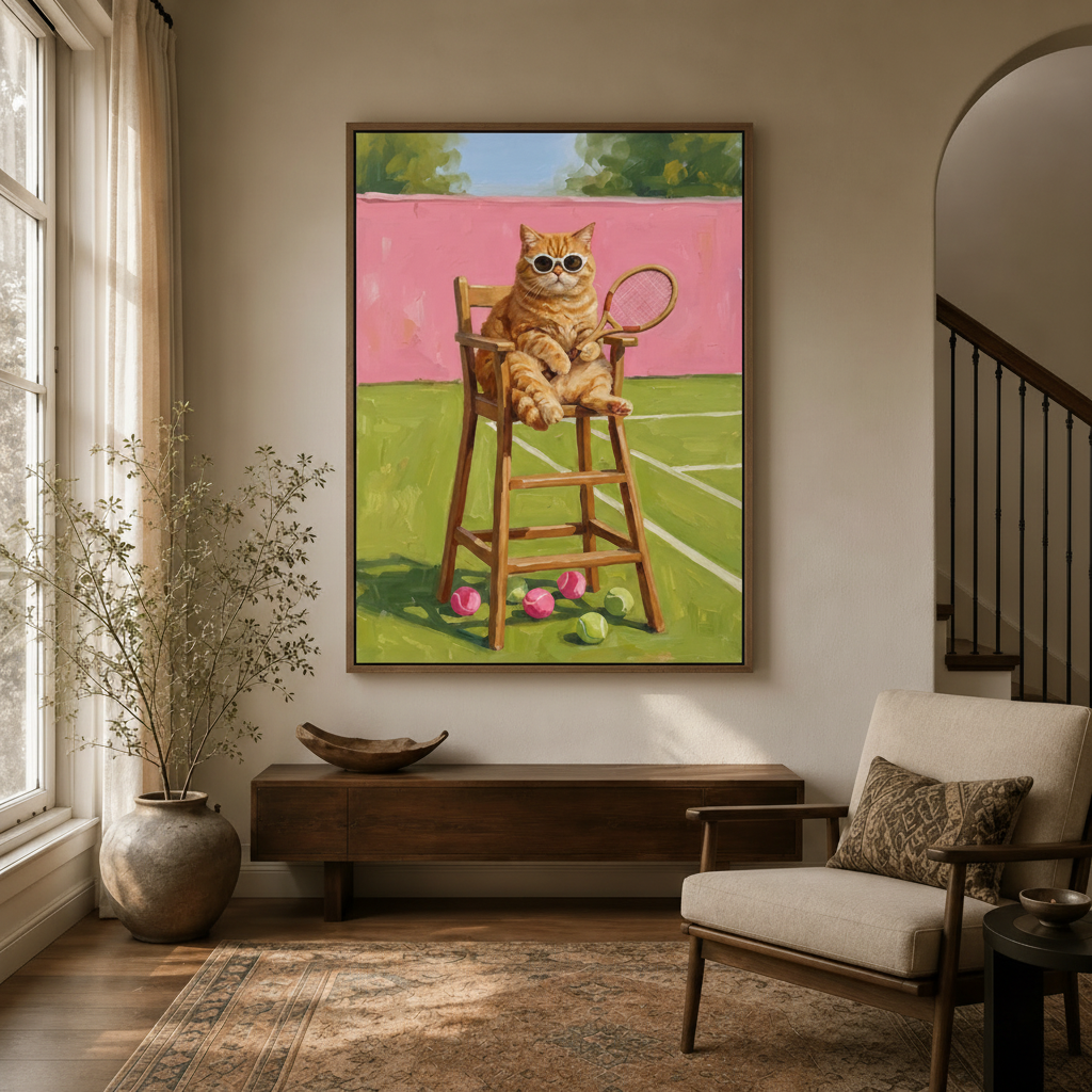 Orange cat tennis umpire retro canvas in float frame above dark walnut entryway credenza, bold colorful style