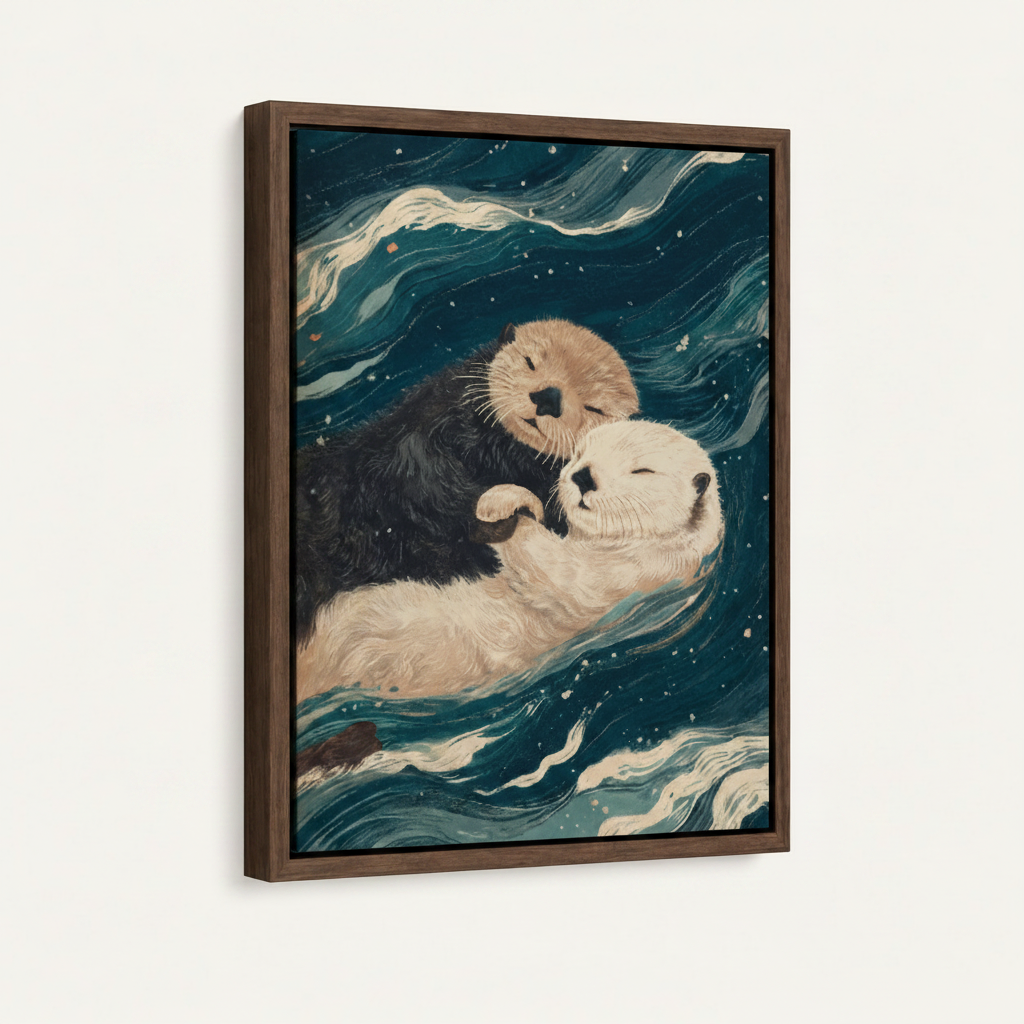 Two otters cuddling ukiyo-e canvas print in dark walnut float frame displayed at 3/4 angle on clean white background