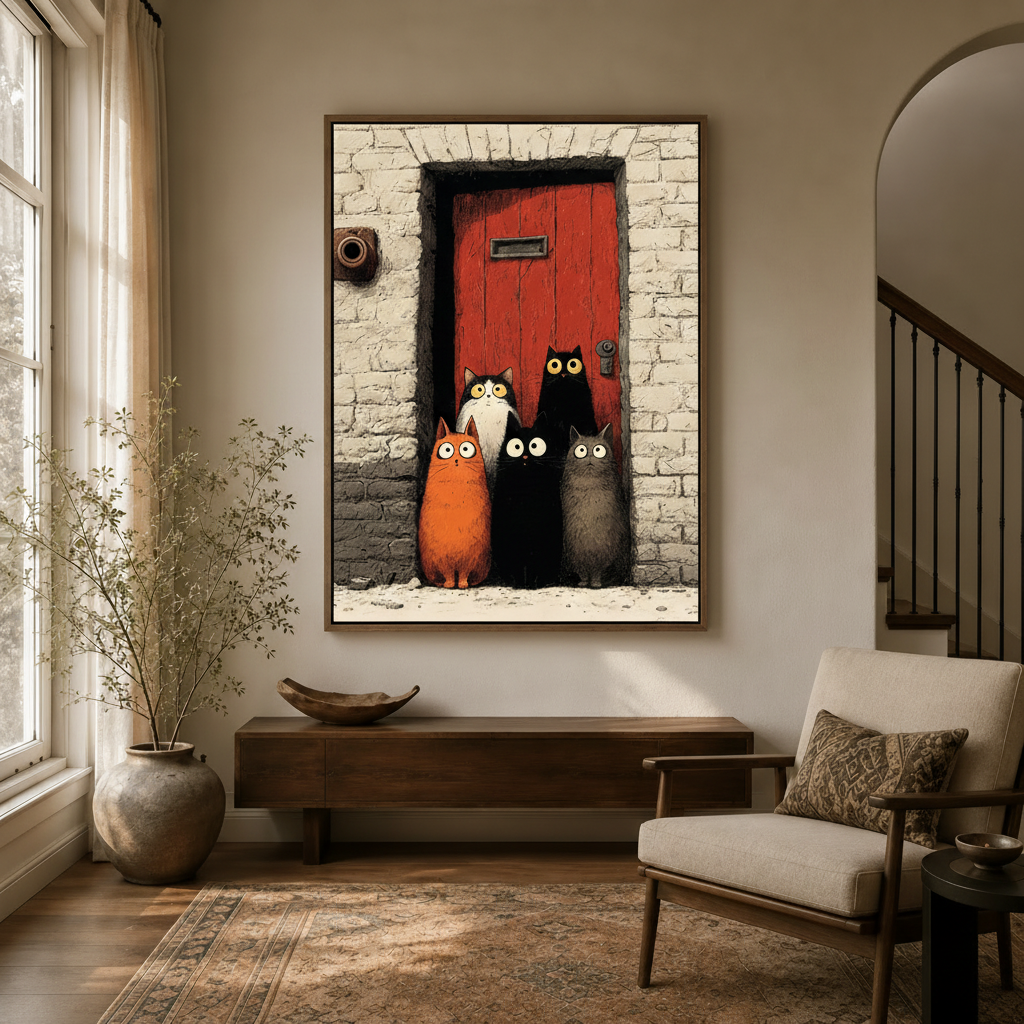 Five cartoon cats comic canvas print displayed in bright entryway foyer with arched doorway and armchair