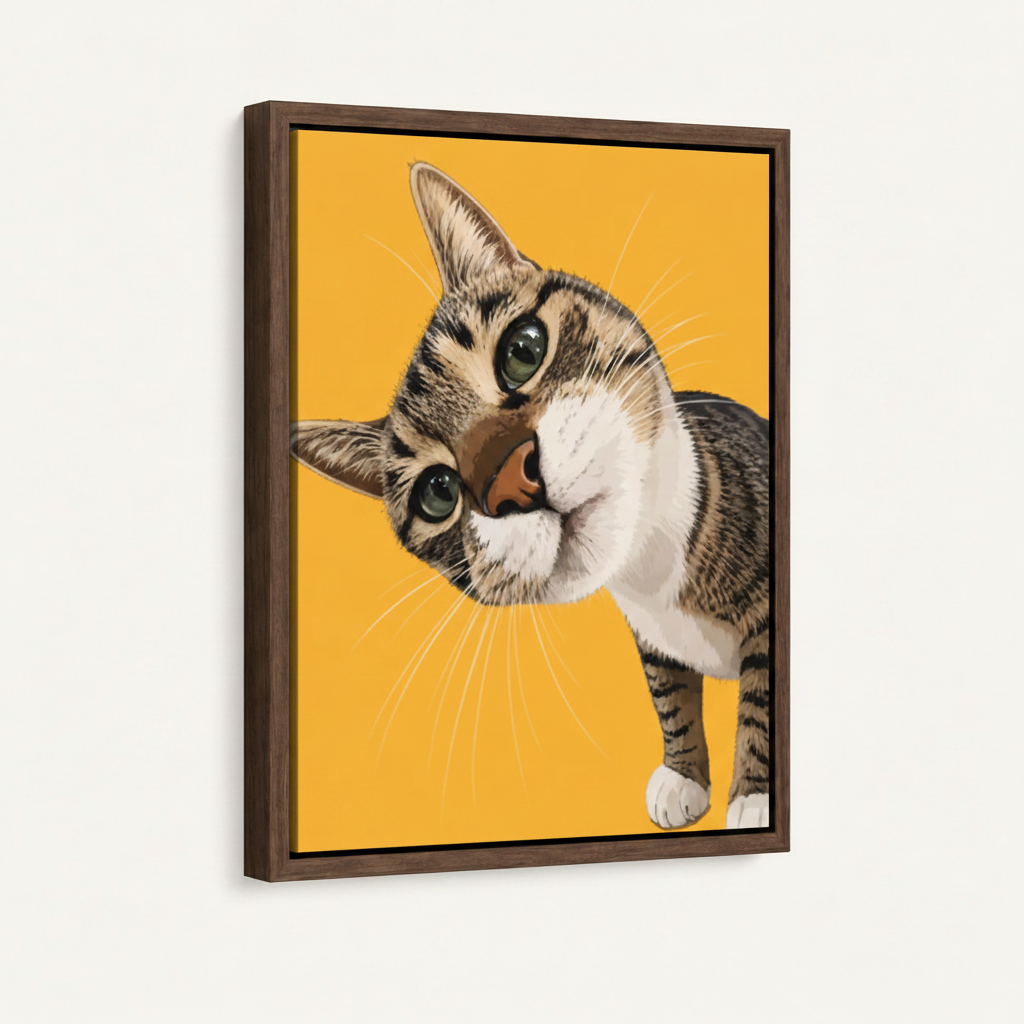 Float framed cat riding dog classical humor canvas wall art mockup with hairline gap off-white background
