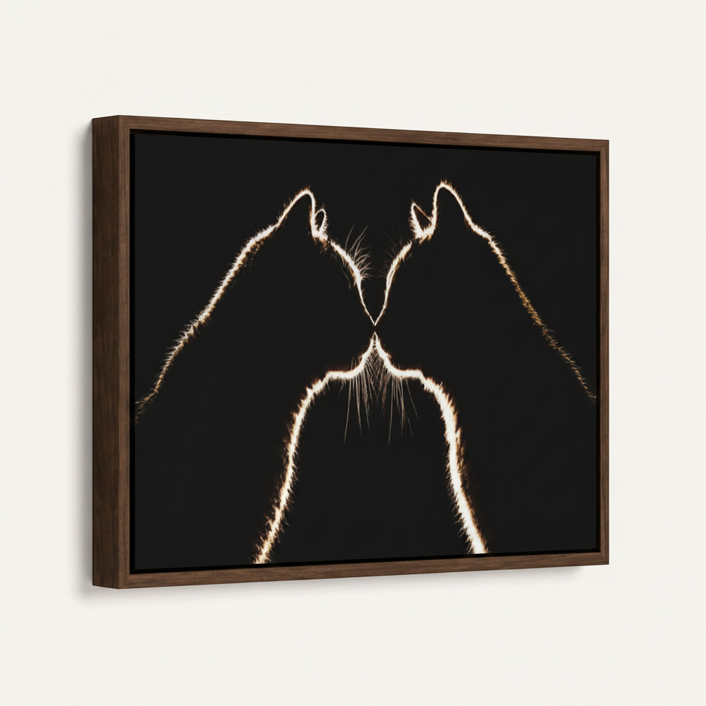 Two cats nose to nose in dark walnut floating frame shown at angle on warm off-white background
