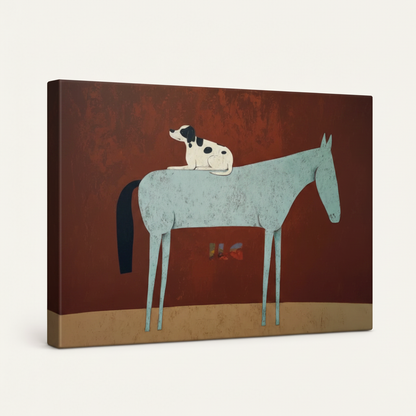 Gallery-wrapped minimalist animal canvas print with dark painted edges, blue horse and dog, angled view on white background