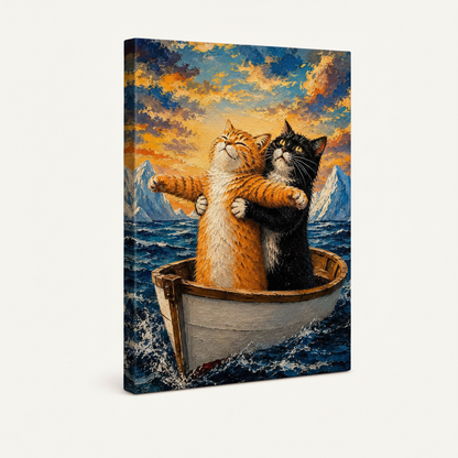 Gallery-wrapped canvas of two cats hugging in a boat displayed at a 3/4 angle on off-white background