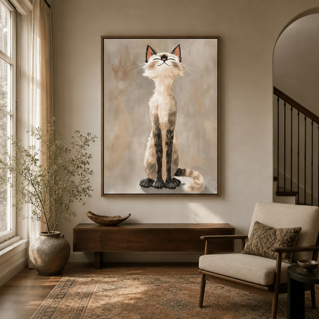 Illustrated Siamese cat wall art displayed in bright entryway above dark console table