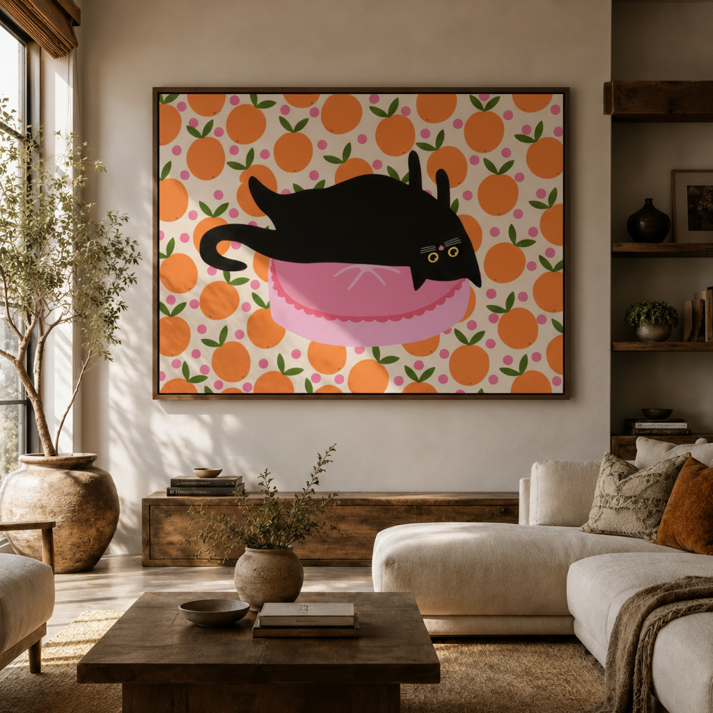 Bold black cat graphic canvas art hanging in warm entryway beside staircase and linen armchair