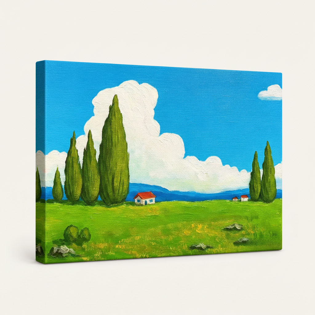 Gallery-wrapped Tuscan landscape canvas floating on white background, angled view showing thick wrap edges