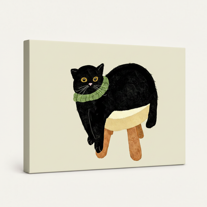 Gallery-wrapped black cat illustration canvas showing thick wrap edge at 45-degree angle on white background