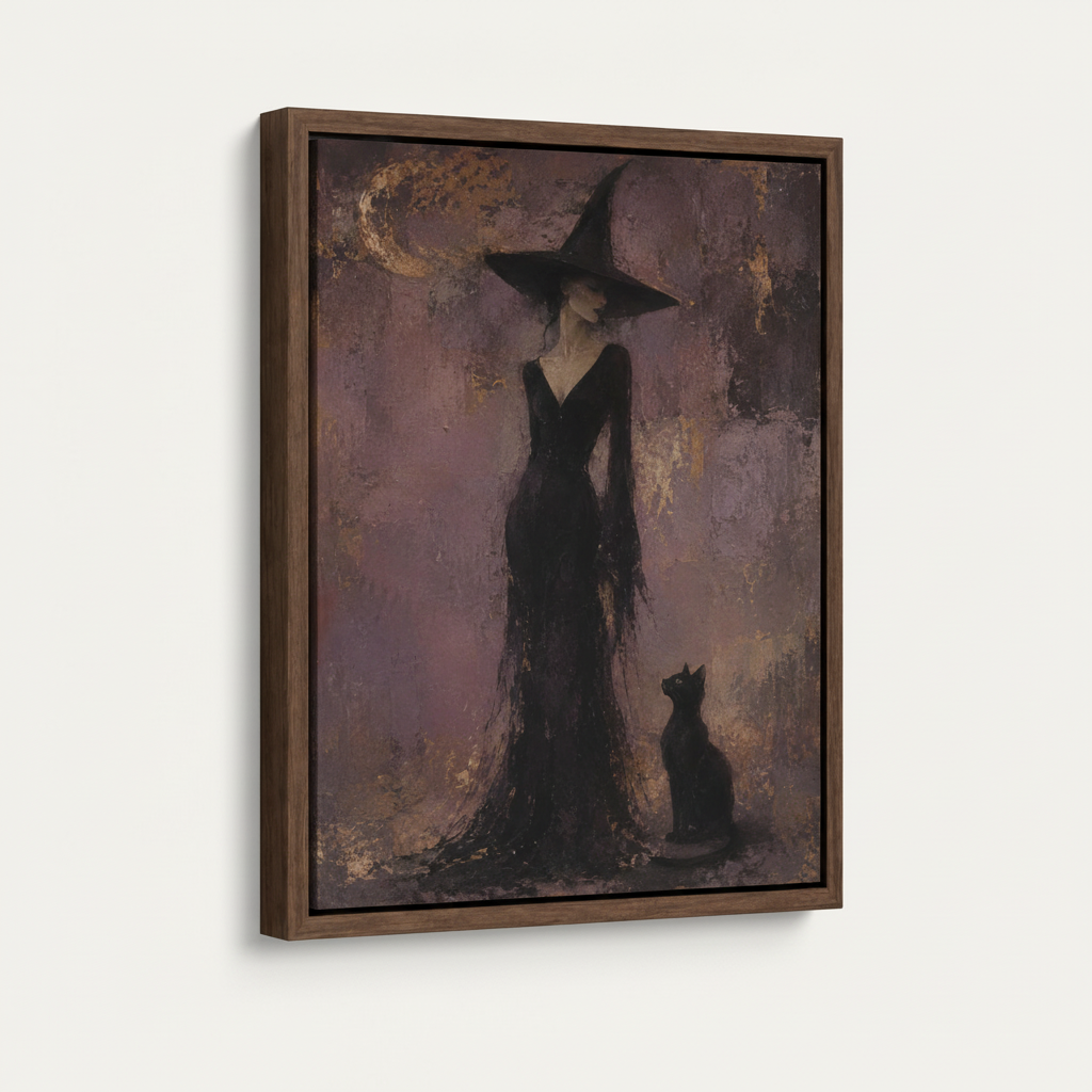 Float framed dark witch impasto canvas print on clean off-white background three-quarter view