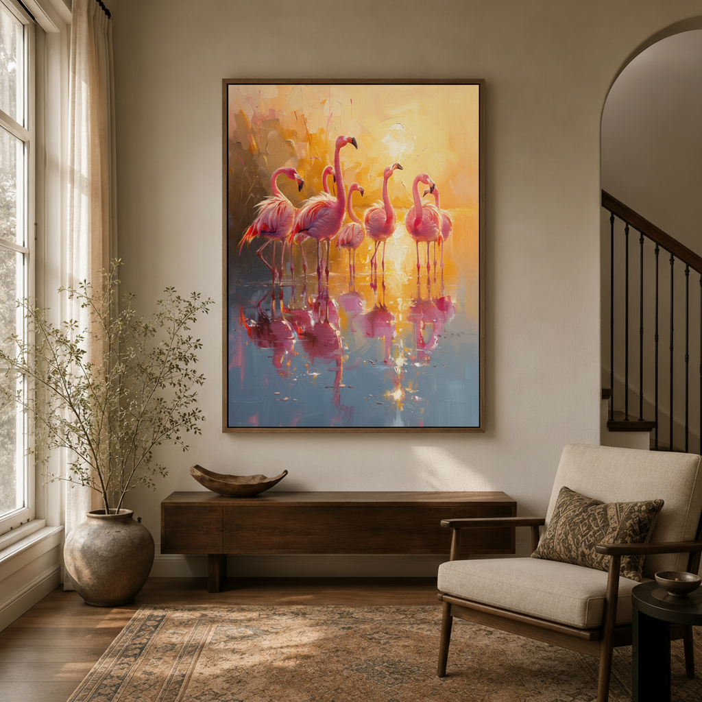 Pink flamingo impressionist canvas hung above console in bright entryway with Persian rug and arched doorway