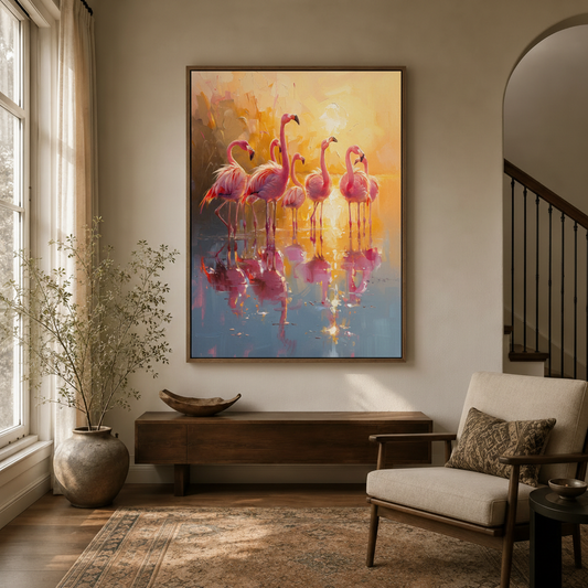 Pink flamingo impressionist canvas hung above console in bright entryway with Persian rug and arched doorway