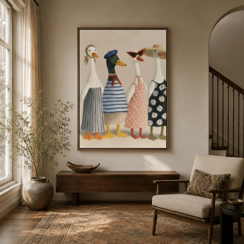Whimsical duck squad folk art canvas in walnut frame displayed in bright entryway above console