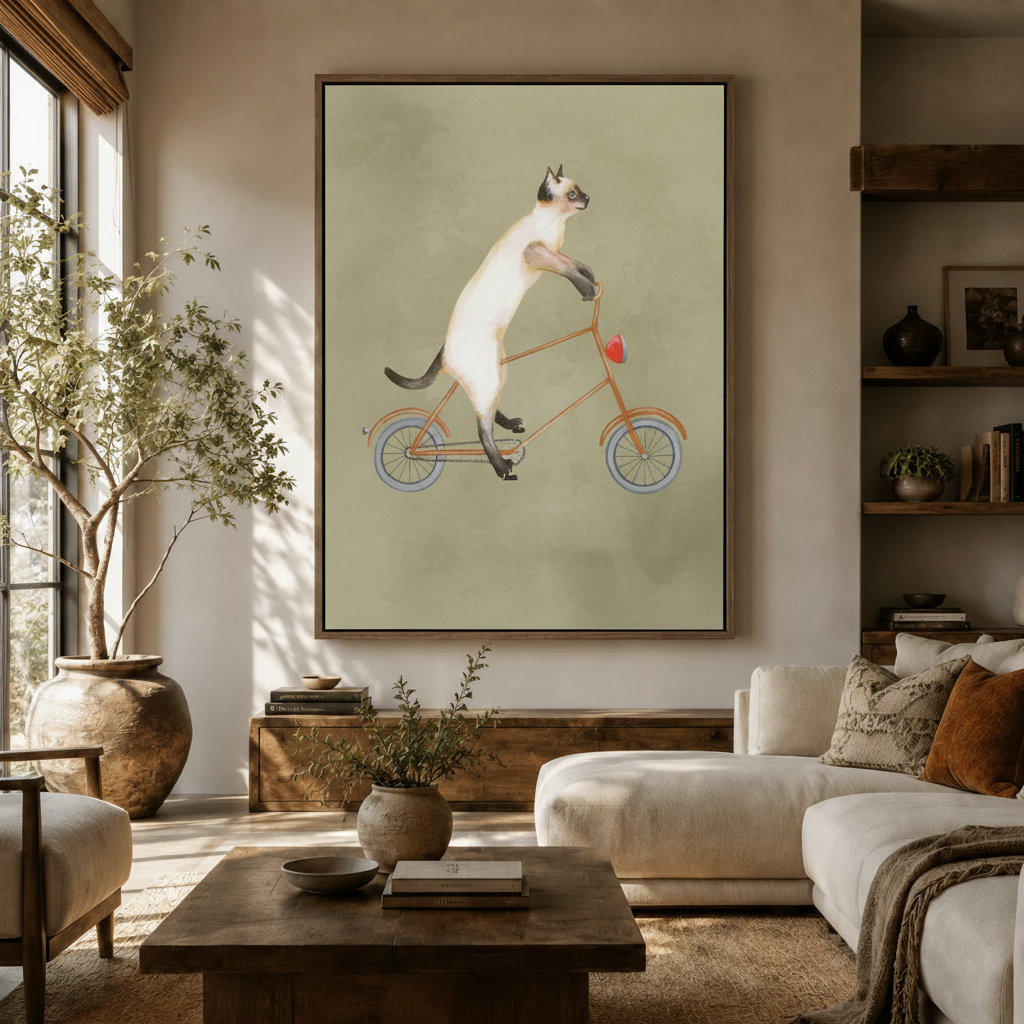 Whimsical cat on vintage bicycle art print in dark wood float frame hung in a bright airy living room