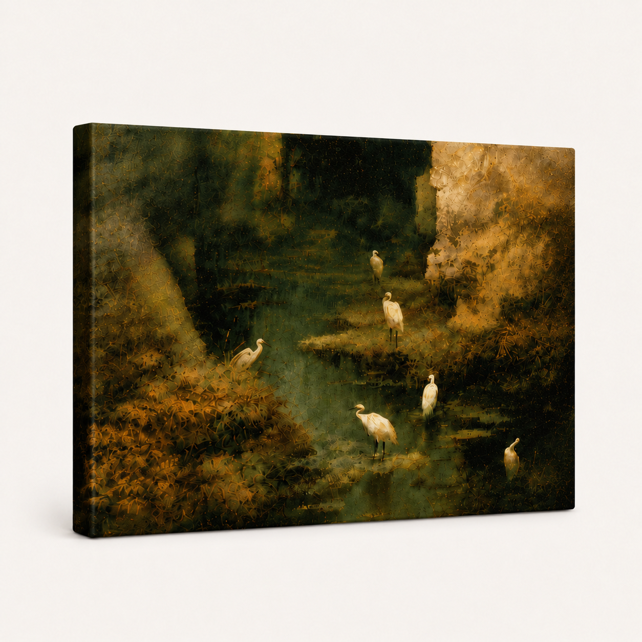 Gallery-wrapped canvas egret wall art at a slight angle, showcasing clean frameless edges on white background