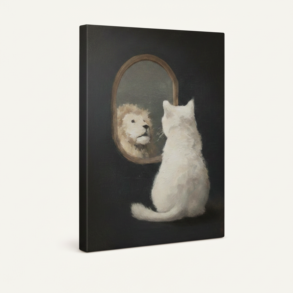 Gallery-wrapped cat lion mirror canvas wall art at angle, frameless style on white background