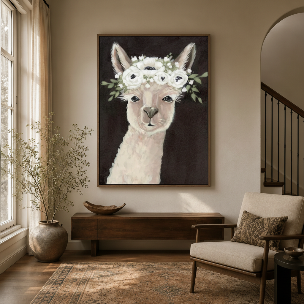 Cream alpaca floral crown impasto canvas in walnut frame displayed in bright entryway above console