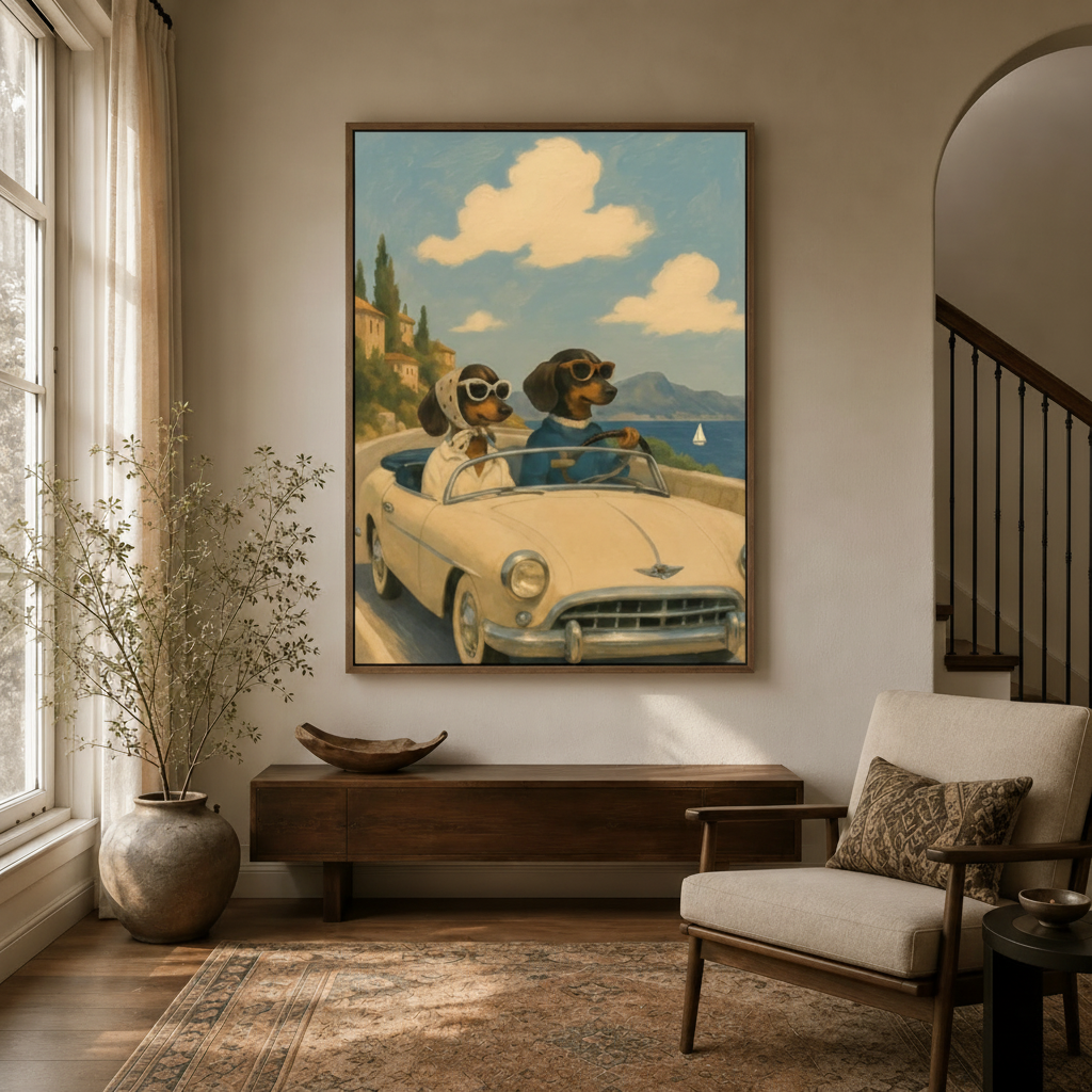 Vintage dachshund Mediterranean coastal road canvas in float frame above dark walnut entryway credenza