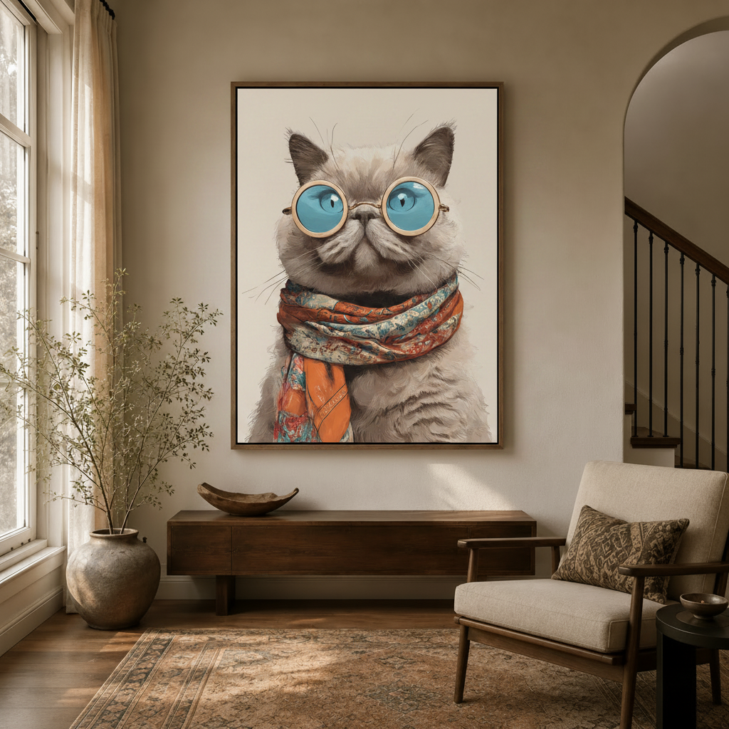  Funny fancy cat blue sunglasses portrait canvas in walnut float frame in bright modern entryway