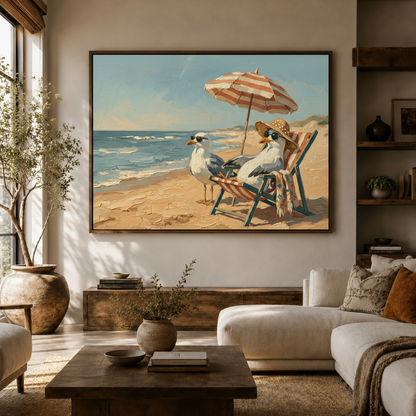 Seagull beach vacation impasto canvas wall art above sideboard in bright Japandi living room white curved sofa