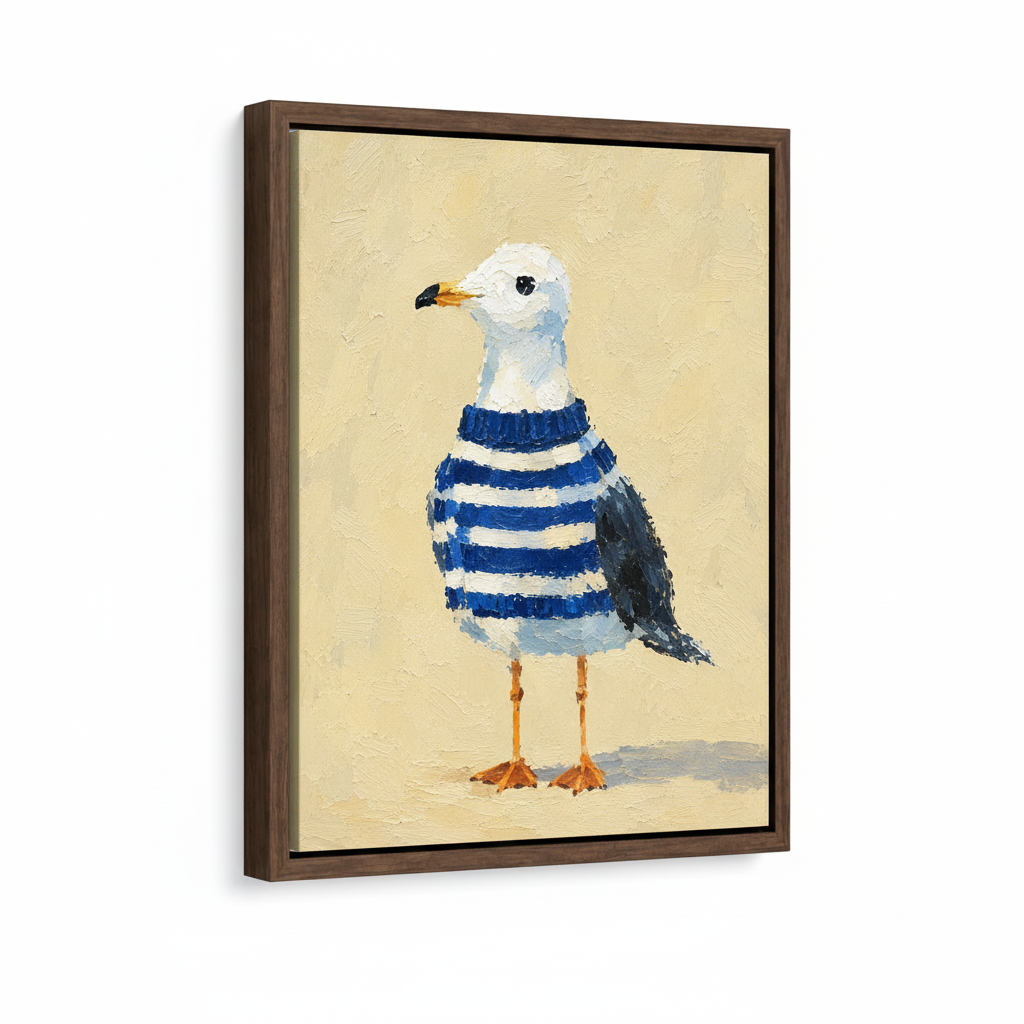 Dark walnut float frame canvas art featuring whimsical seagull oil painting, product view