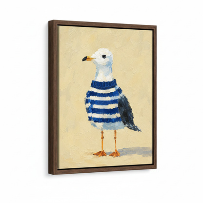 Dark walnut float frame canvas art featuring whimsical seagull oil painting, product view
