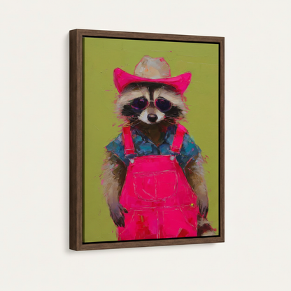 Framed raccoon folk art canvas with float frame in walnut finish, side angle view