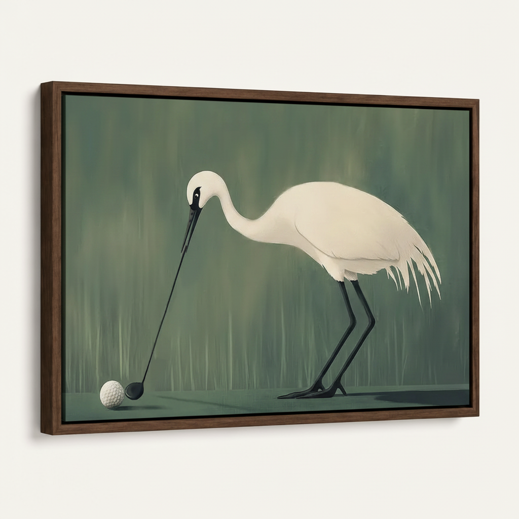 Egret golf painting in dark walnut floating frame at angle on warm off-white background