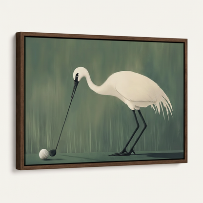 Egret golf painting in dark walnut floating frame at angle on warm off-white background