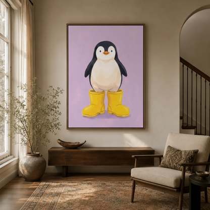Cute 3D penguin lavender canvas in float frame above dark walnut entryway credenza, warm natural light