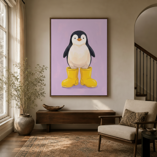 Cute 3D penguin lavender canvas in float frame above dark walnut entryway credenza, warm natural light