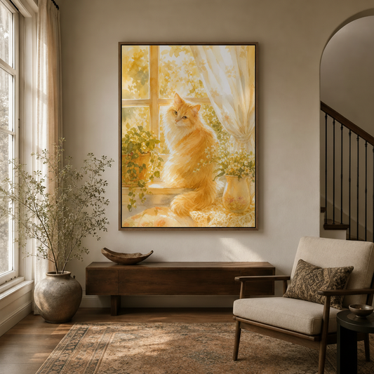 Fluffy orange cat sunlit window canvas wall art displayed in elegant entryway with dark wood console