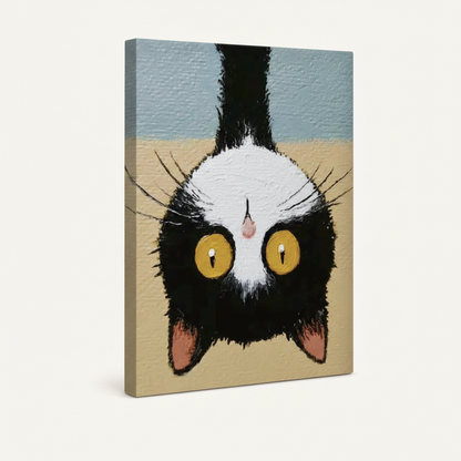 Gallery-wrapped tuxedo cat canvas showing side depth with sandy-blue background and expressive brushstrokes