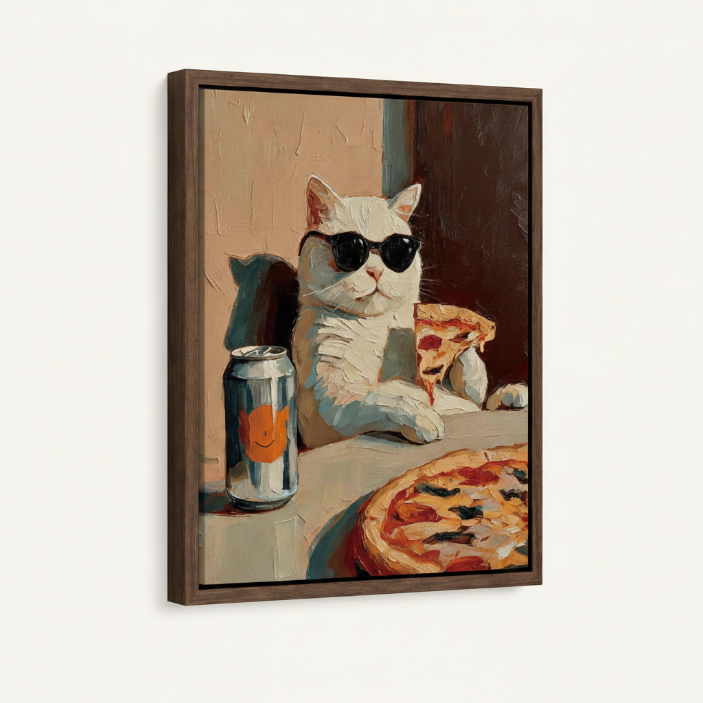 Angled view of framed cool cat impasto canvas with walnut float frame on off-white background