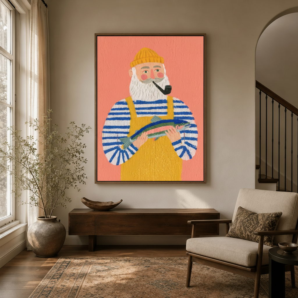 Old fisherman folk art canvas in walnut frame displayed in bright entryway above console