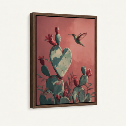 Hummingbird heart cactus art print in dark walnut float frame displayed at 3/4 angle on clean white background