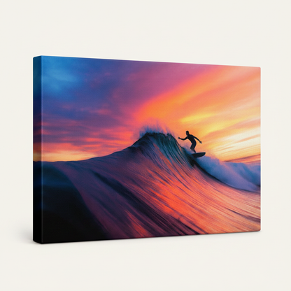 Gallery wrapped canvas featuring bold surfer silhouette at dramatic purple-gold sunset, side angle view