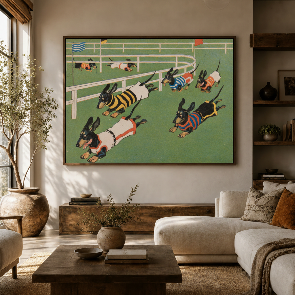 Dachshund race vintage cartoon canvas wall art above console in bright Japandi living room white sofa