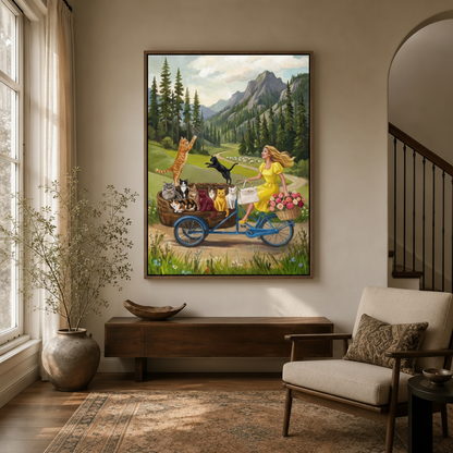 Woman bicycle cats mountain whimsical canvas hung above console in bright entryway with Persian rug