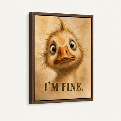 Framed duck canvas wall art in dark walnut float frame shown at angle on white background