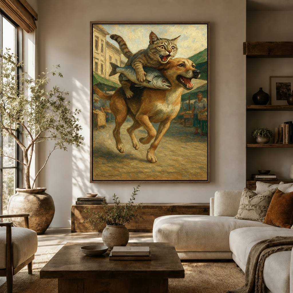 Oversized classical humor cat and dog canvas wall art above sofa in bright boho living room with olive tree